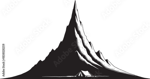Silhouette of a pointed mountain peak with a tent at its base