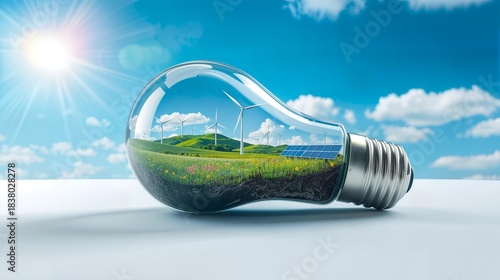 Innovation in Light: Dynamic 3D Render of Bioenergy Landscape Inside Light Bulb, Harnessing Sun and Wind Power.