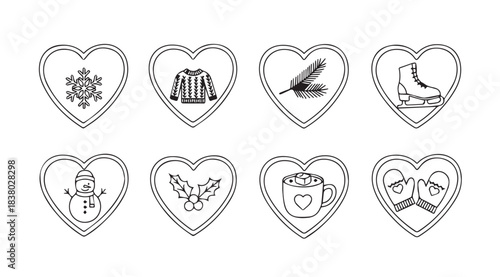 Collection of eight heart shaped winter themed icons in a silhouette style