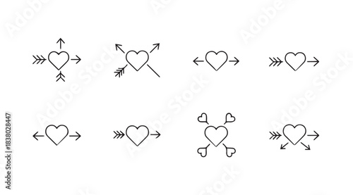 Collection of hand drawn heart shapes pierced by arrows in a simple line art silhouette style
