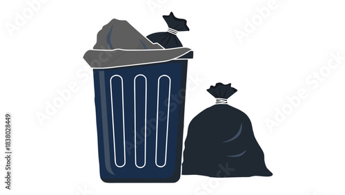 Dark Blue Trash Can Overflowing with Garbage Bags Outside on a Black Background