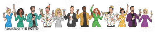 Diverse group of friends celebrating an event with drinks and cheer, isolated banner illustration
