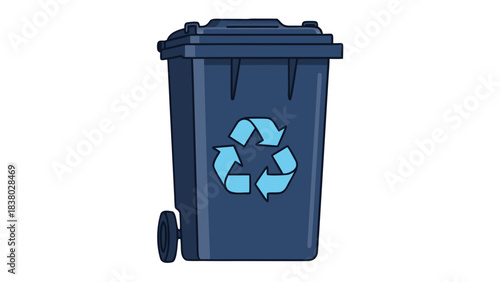 Dark Blue Wheeled Trash Can With Recycling Symbol On A Black Background