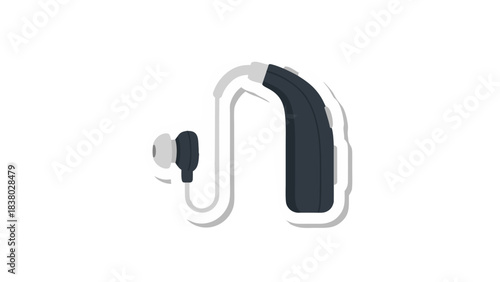 Dark Gray Behind The Ear Hearing Aid with White Earbud and Gray Cord on a Black Background with White Outline Glow Effect Minimalist Medical Device Illustration