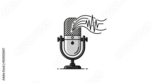 Vintage Microphone with Sound Waves Illustration for Audio Recording.