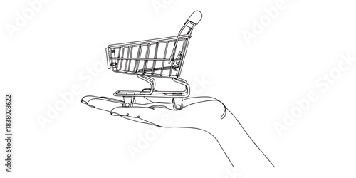 Minimal continuous-line illustration of a hand holding a small shopping cart, symbolizing online shopping, e-commerce, retail business, and digital marketing concepts.