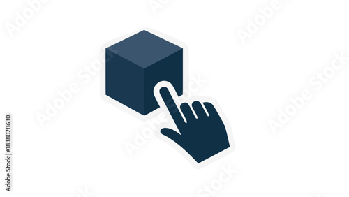 Dark Blue 3D Cube Interacted With By A Human Hand Against A Black Background With White Outline Accentuating The Silhouette