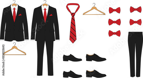 Formal men's fashion, black suit, red tie, dress shoes, bow tie, elegant outfit, wedding attire, groom style, accessories, classic look