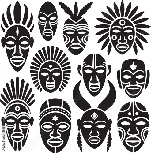 a set of vector illustrations featuring stylized tribal masks or headdresses