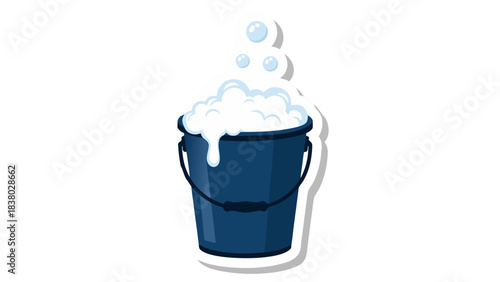 Dark Blue Bucket Overflowing With White Soap Suds And Bubbles Against A Black Background With A White Border Effect