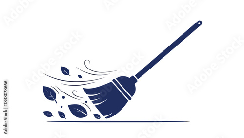 Dark blue broom sweeping dark blue leaves and debris across a dark blue floor on a black background representing cleanliness and tidiness