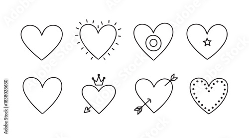 Collection of eight hand drawn heart shapes in a simple black and white silhouette style