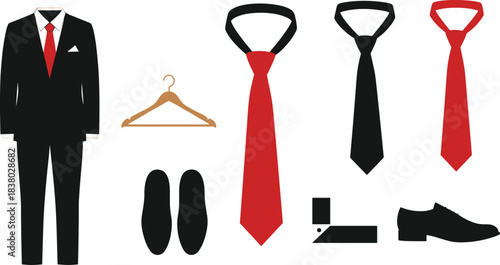 Formal men's fashion, black suit, red tie, dress shoes, white shirt, pocket square, elegant outfit, business attire, style essentials, wardrobe