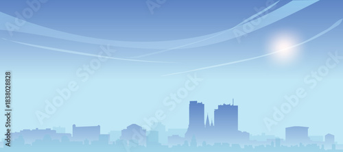 Blue panoramic poster of the city skyline with misty background buildings and clouds of WARSAW, POLAND