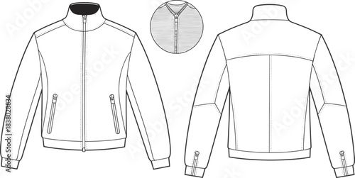 Front and back bomber jacket technical sketch, fashion apparel template, clothing design flat drawing, unisex outerwear vector illustration with zipper detail
