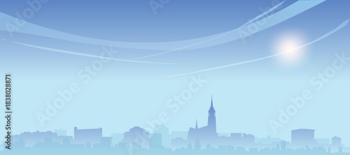 Blue panoramic poster of the city skyline with misty background buildings and clouds of LODZ, POLAND