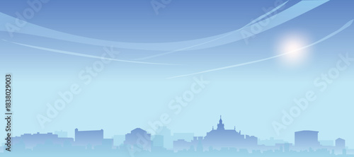Blue panoramic poster of the city skyline with misty background buildings and clouds of KRAKOW, POLAND