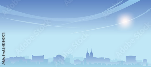 Blue panoramic poster of the city skyline with misty background buildings and clouds of WROCLAW, POLAND