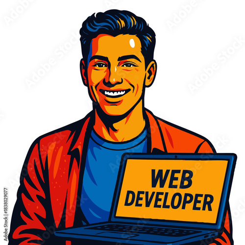 Cheerful male web developer holding an open laptop with Web Developer text on screen. Generative ai vector colorful pop art illustration.