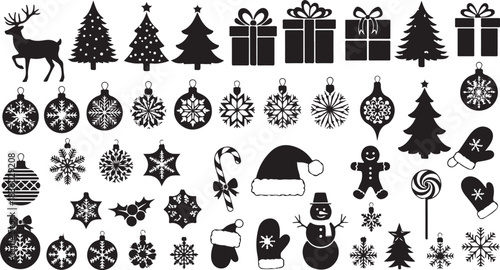 Assortment of Christmas and Winter Holiday Icons Featuring Reindeer Snowflakes Trees Gifts and Festive Characters Keywords: christmas, holiday, winter, silhouette, reindeer, snowflake, christmas