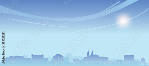 Blue panoramic poster of the city skyline with misty background buildings and clouds of BASEL, SWITZERLAND