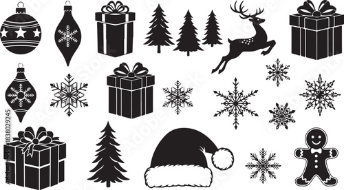 Assortment of Christmas Icons in Silhouette Form with Gifts Trees Snowflakes and a Gingerbread Man holiday