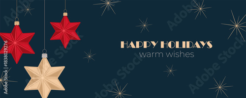 Elegant Christmas Banner with hanging Retro Red and Gold Stars on dark blue background