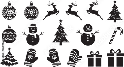 Black Christmas Silhouettes Displaying Ornate Ornaments Leaping Reindeer Decorated Trees Snowmen Candy Cane Mittens and Gift Boxes Keywords: christmas, silhouette, christmas ornament, reindeer