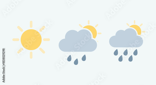 Weather Icons - Sun, Cloudy with Sun, and Rain Clouds.