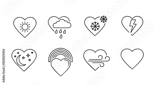 Collection of heart shaped weather icons in a simple outline silhouette style