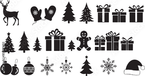 Christmas Icons Silhouette Assortment with Reindeer Trees Gifts and Snowflakes Keywords: christmas, holiday, winter, celebration, festive, decoration, icon, silhouette, reindeer, christmas tree
