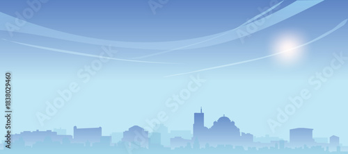 Blue panoramic poster of the city skyline with misty background buildings and clouds of BELGRADE, SERBIA