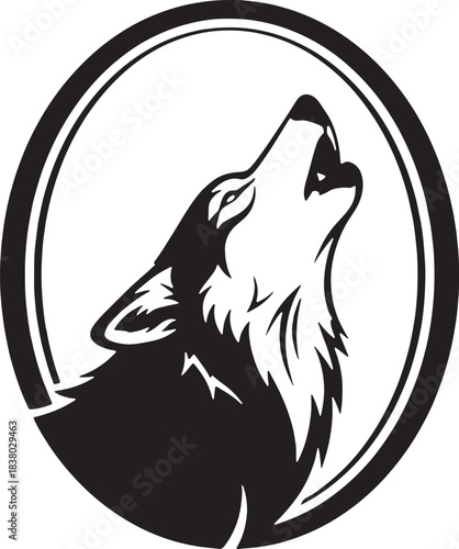 Black and white illustration of a wolf howling in a circle