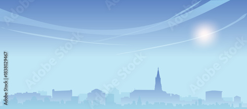 Blue panoramic poster of the city skyline with misty background buildings and clouds of BERN, SWITZERLAND