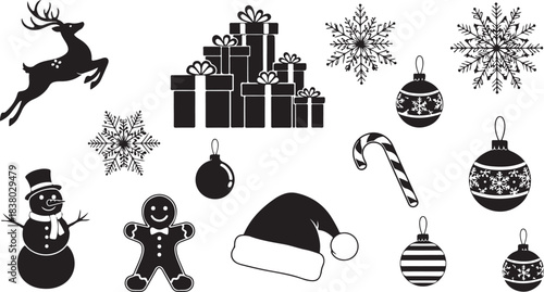 Christmas Icons Silhouette Collection Featuring Reindeer Snowflakes Ornaments Gifts Candy Cane Gingerbread Man And Snowman Keywords: christmas, holiday, icon, silhouette, reindeer, leaping