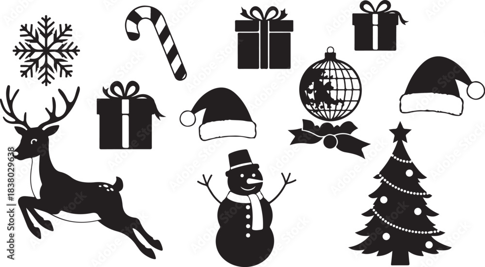 Naklejka premium Christmas Icons Silhouette Collection Including Reindeer Snowman Gifts and Ornaments Keywords: christmas, holiday, winter, celebration, season, festive, xmas, december, new year, gift, present