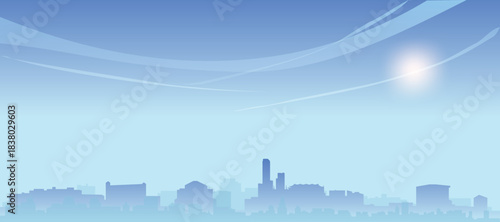 Blue panoramic poster of the city skyline with misty background buildings and clouds of SAN DIEGO, UNITED STATES