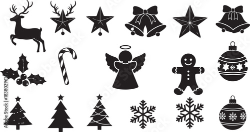 Christmas Icons Silhouette Collection Including Reindeer Holly Candy Cane Angel Gingerbread Man Ornaments Snowflakes And Trees Keywords: christmas, holiday, icon, silhouette, reindeer, deer