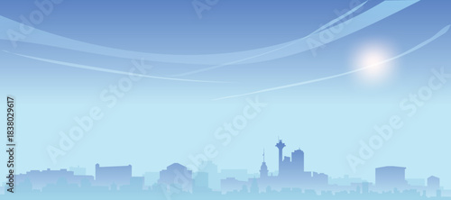 Blue panoramic poster of the city skyline with misty background buildings and clouds of ISTANBUL, TURKEY