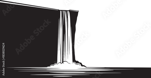 Black and white waterfall cascading into water cascade