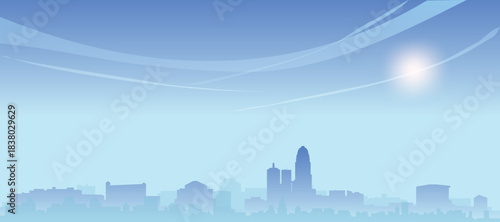Blue panoramic poster of the city skyline with misty background buildings and clouds of LOUISVILLE, UNITED STATES