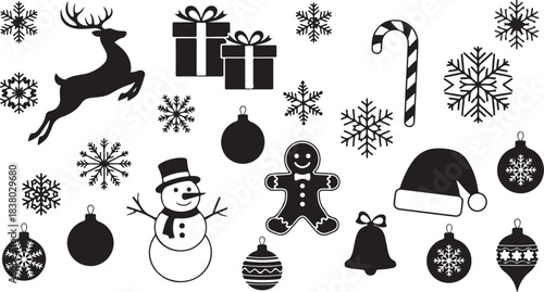 Christmas Icons Silhouette Collection with Snowflakes Reindeer Gifts and Snowman Keywords: christmas, holiday, winter, celebration, festive, decoration, icon, silhouette, snowflake, reindeer, gift