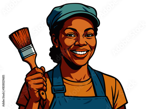 smiling woman in work overalls and cap, holding a paintbrush, representing painting jobs and renovations. Generative ai vector colorful pop art illustration.