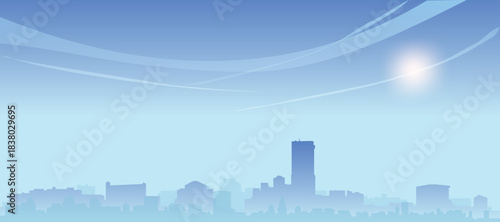 Blue panoramic poster of the city skyline with misty background buildings and clouds of LOS ANGELES, UNITED STATES