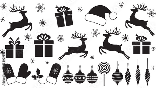 Christmas Silhouette Assortment with Reindeer Mittens Gifts and Ornaments Keywords: christmas, holiday, winter, celebration, season, festive, xmas, december, new year, gift, present, box, ribbon