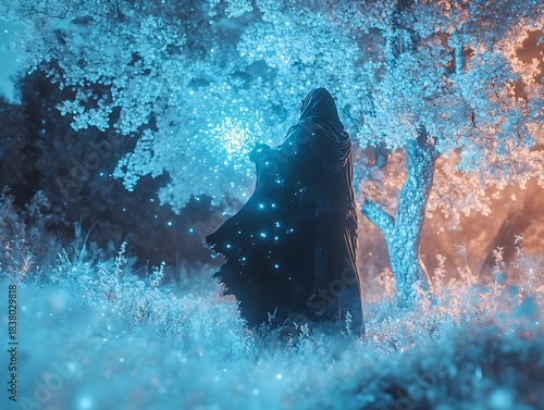 Mystical hooded figure emitting glowing particles in surreal enchanted forest