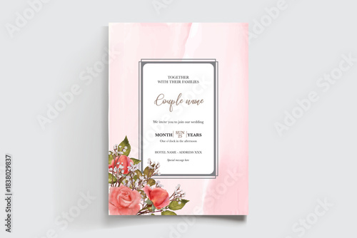 WEDDING INVITATION FRAME WITH FLOWER DECORATIONS AND FRESH LEAVES