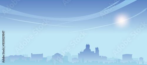 Blue panoramic poster of the city skyline with misty background buildings and clouds of MADRID, SPAIN