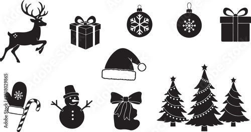 Collection of black Christmas holiday silhouette icons including a reindeer, gifts, ornaments, Santa hat, mittens, candy cane, snowman, bow, and trees Keywords: Christmas, holiday, silhouette