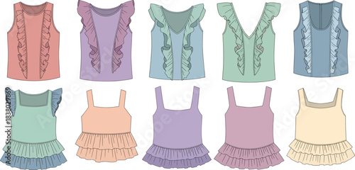 Colorful Ruffled Sleeveless Tops and Dresses Set in Soft Pastel Shades